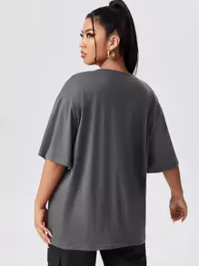 大碼摩托車和字母圖案落肩袖T恤 - 深灰色 - 查看 2