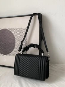 Chevron Detail Ruched Top Handle Flap Square Bag With Coin Purse - Black - View 3