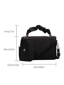 Chevron Detail Ruched Top Handle Flap Square Bag With Coin Purse - Black - View 5