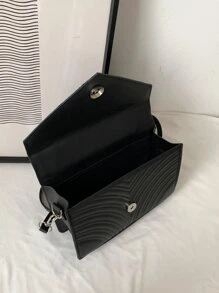 Chevron Detail Ruched Top Handle Flap Square Bag With Coin Purse - Black - View 4