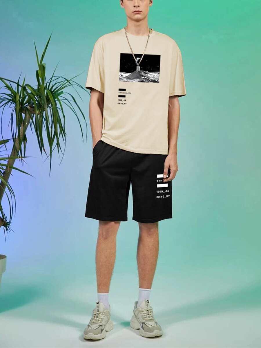 Manfinity Homme Men Letter & Picture Print Drop Shoulder Tee & Drawstring Waist Shorts - Multicolor - View 1