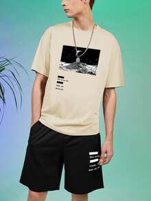 Manfinity Homme Men Letter & Picture Print Drop Shoulder Tee & Drawstring Waist Shorts - Multicolor - View 3