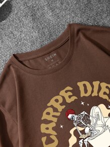 Camiseta con estampado de esqueleto y slogan - Café integral - Ver 3