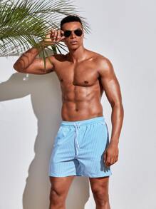 Manfinity Men Vertical Striped Drawstring Waist Swim Trunks - Blue and White - View 6