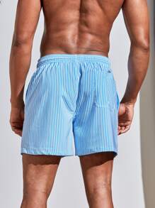 Manfinity Men Vertical Striped Drawstring Waist Swim Trunks - Blue and White - View 2