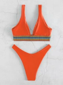 Contrast Tape V Neck Bikini - Orange - View 2