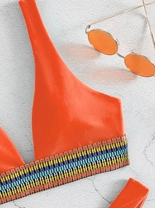 Contrast Tape V Neck Bikini - Orange - View 5