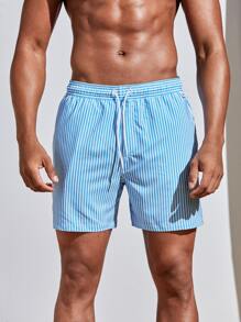 Manfinity Men Vertical Striped Drawstring Waist Swim Trunks - Blue and White - View 4