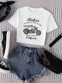 SHEIN Unity Camiseta con estampado de motocicleta y letra - Blanco - Ver 1
