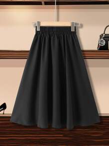 SHEIN Niñas Falda ribete con fruncido de cintura elástica - Negro - Ver 2