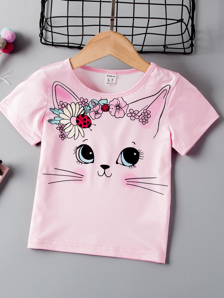 SHEIN Toddler Girls Cartoon & Floral Print Tee - Baby Pink - View 1