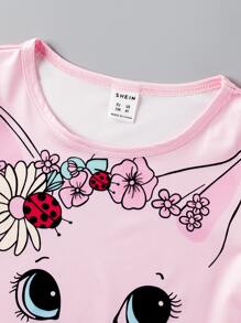 SHEIN Toddler Girls Cartoon & Floral Print Tee - Baby Pink - View 5