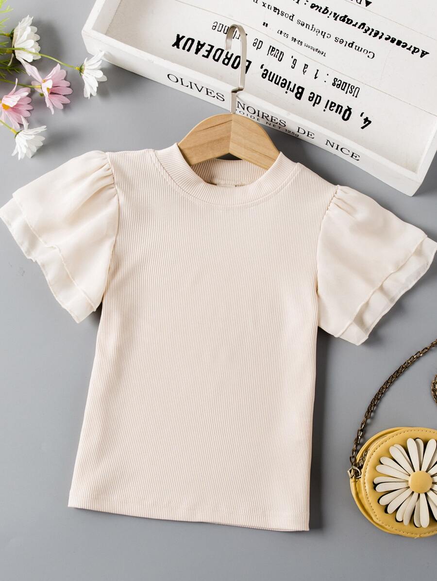 SHEIN Young Girl Toddler Girls Tiered Butterfly Sleeve Rib-Knit Tee - Apricot - View 1
