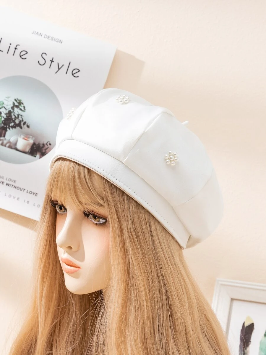 Faux Pearl Flower Decor Beret
