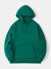 Men Kangaroo Pocket Drawstring Thermal Hoodie - Green - View 1