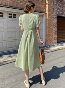 DAZY Puff Sleeve Cut Out Front Dress - Green - View 2