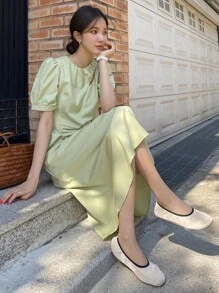 DAZY Puff Sleeve Cut Out Front Dress - Green - View 5