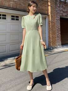 DAZY Puff Sleeve Cut Out Front Dress - Green - View 6