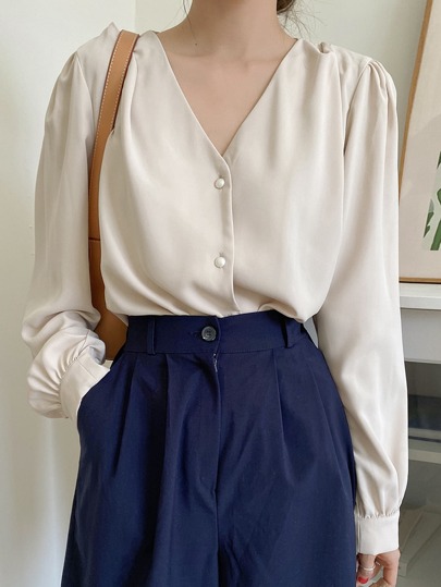Blouse à manches d'évêque avec boutons devant, vêtements d'automne, vêtements de rentrée scolaire, hauts preppy, Top à manches longues