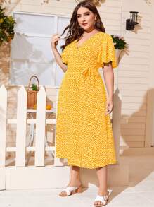 SHEIN Holidaya 大碼小碎花花卉結飾側圍裹連衣裙 - 黃色 - 查看 1