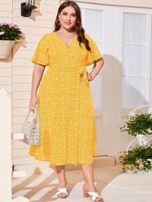 SHEIN Holidaya 大碼小碎花花卉結飾側圍裹連衣裙 - 黃色 - 查看 3