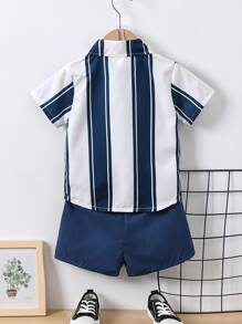 SHEIN Young Boy Striped Print Shirt & Shorts - Blue and White - View 2