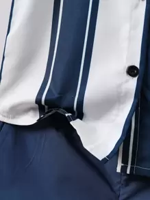 SHEIN Young Boy Striped Print Shirt & Shorts - Blue and White - View 6