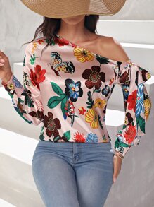 SHEIN Clasi Floral Print Asymmetrical Neck Knot Side Blouse - Multicolor - View 3
