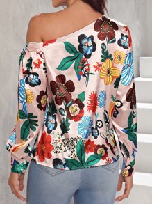 SHEIN Clasi Floral Print Asymmetrical Neck Knot Side Blouse - Multicolor - View 5