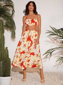 SHEIN VCAY Floral Print Ruched Bust Crop Cami Top & Skirt - Multicolor - View 3