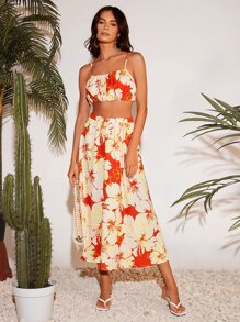 SHEIN VCAY Floral Print Ruched Bust Crop Cami Top & Skirt - Multicolor - View 4