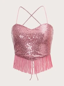 SHEIN ICON Áo hai dây Lộ Lưng ghép mộng kim sa mép Pha lê kim cương Buộc lại màu trơn Hấp dẫn - Màu Hồng baby - Xem 1