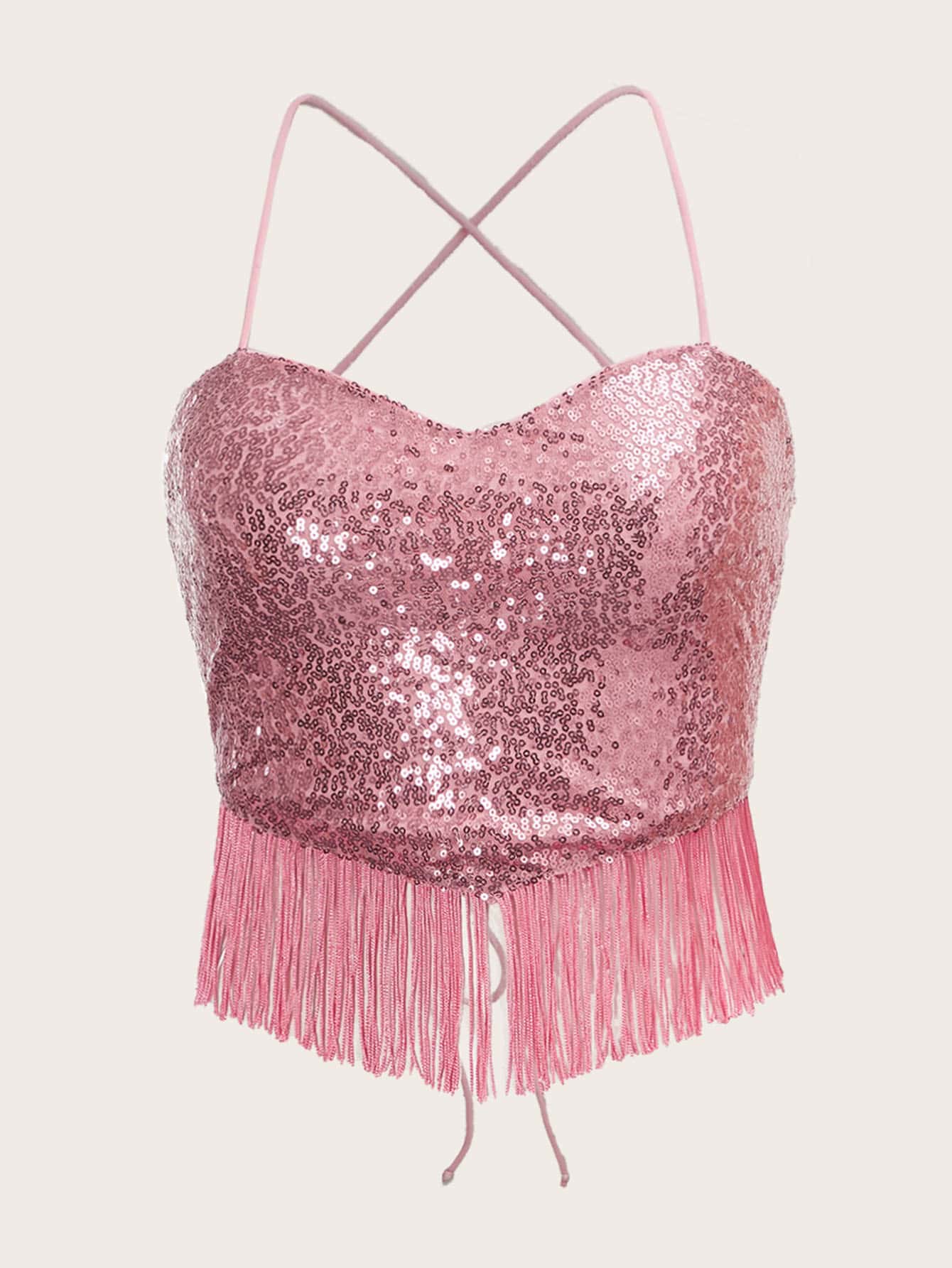 SHEIN ICON Áo hai dây Lộ Lưng ghép mộng kim sa mép Pha lê kim cương Buộc lại màu trơn Hấp dẫn - Màu Hồng baby - Xem 1