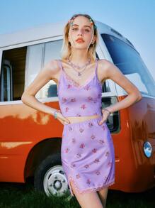 ROMWE Floral Print Contrast Lace Cami Top & Skirt - Purple - View 2