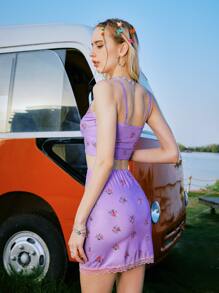 ROMWE Floral Print Contrast Lace Cami Top & Skirt - Purple - View 5