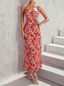 Allover Floral Print Lace Up Backless Draped Front Cami Dress - Multicolor - View 2