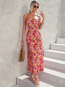 Allover Floral Print Lace Up Backless Draped Front Cami Dress - Multicolor - View 5