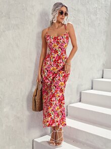 Allover Floral Print Lace Up Backless Draped Front Cami Dress - Multicolor - View 6