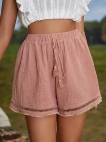 SHEIN Unity Hollow Out Raw Trim Tassel Knot Front Shorts - Dusty Pink - View 2