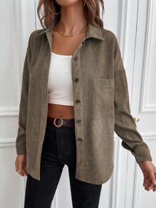 SHEIN LUNE 1pc Solid Button Up Corduroy Shirt Fall Cloth For Women - Mocha Brown - View 3