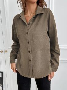 SHEIN LUNE 1pc Solid Button Up Corduroy Shirt Fall Cloth For Women - Mocha Brown - View 5