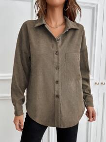 SHEIN LUNE 1pc Solid Button Up Corduroy Shirt Fall Cloth For Women - Mocha Brown - View 6