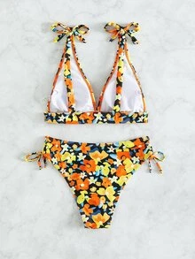 Random Floral Print Knot Shoulder Bikini - Multicolor - View 2