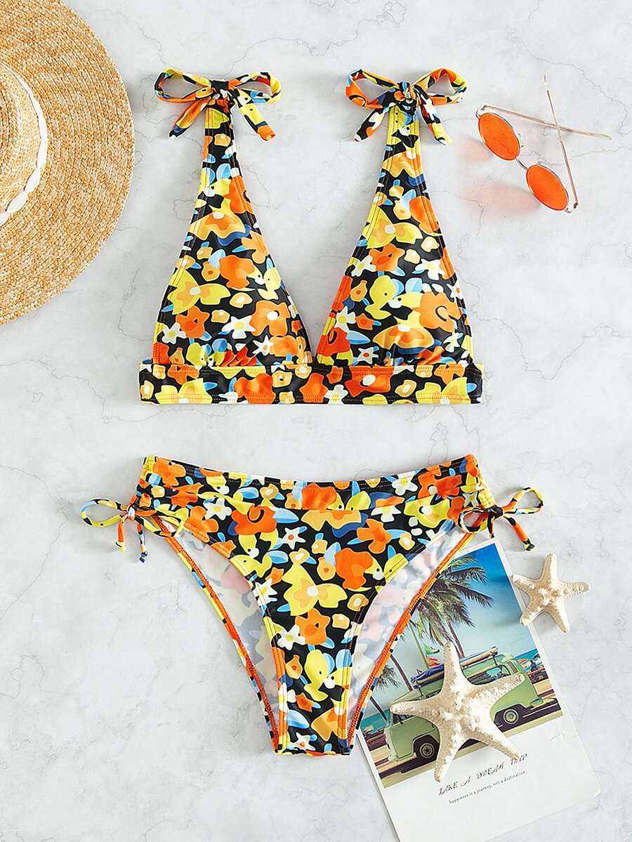 Random Floral Print Knot Shoulder Bikini - Multicolor - View 1