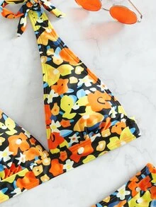Random Floral Print Knot Shoulder Bikini - Multicolor - View 4