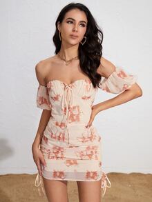 SHEIN Unity Vestido ajustado con estampado floral de hombros descubiertos fruncido con nudo delantero de gasa - Albaricoque - Ver 3