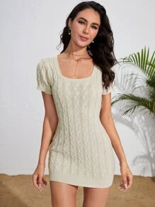 SHEIN BAE Tie Backless Cable Knit Jumper Dress - Beige - View 5