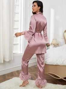 Fuzzy Trim Belted Satin PJ Set - Dusty Pink - View 2