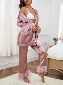 Fuzzy Trim Belted Satin PJ Set - Dusty Pink - View 4