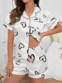 SweetSlumber Heart Print Contrast Piping Satin PJ Set / Pajama Set White Set - White - View 5